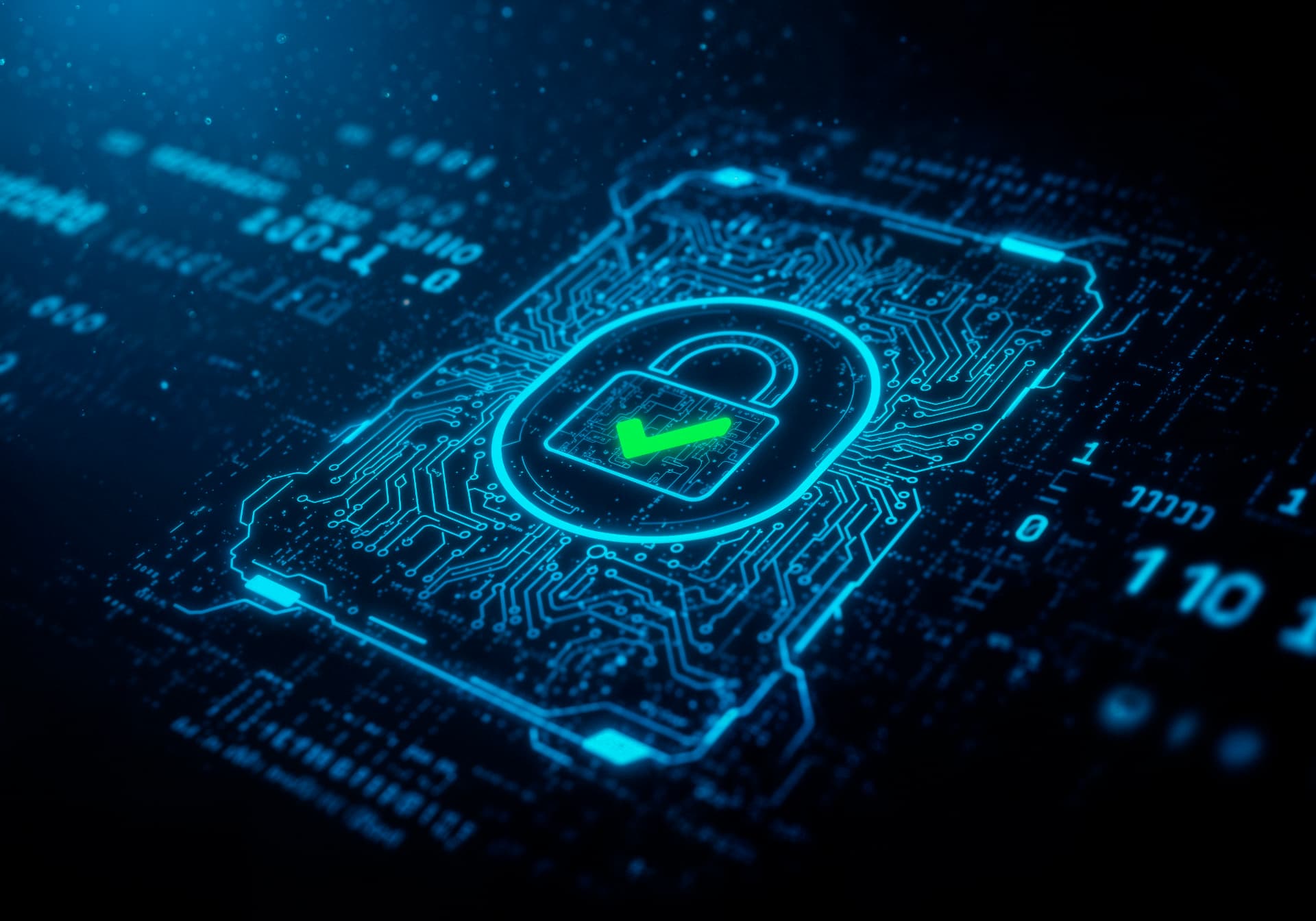Glowing digital shield and circuit board representing cybersecurity protection